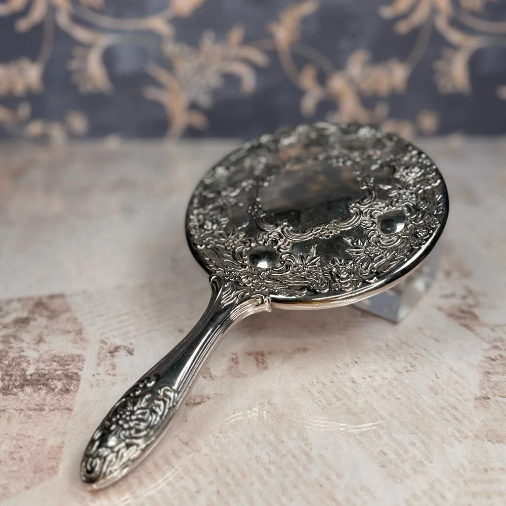 Antique Silver Plated Art Nouveau Repousse Vanity Hand Mirror